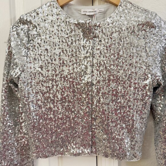 🆕 ✨ GOOD AMERICAN | Metallic Silver Sequin Crop Jacket | Size Small (S) ✨ - Picture 4 of 13